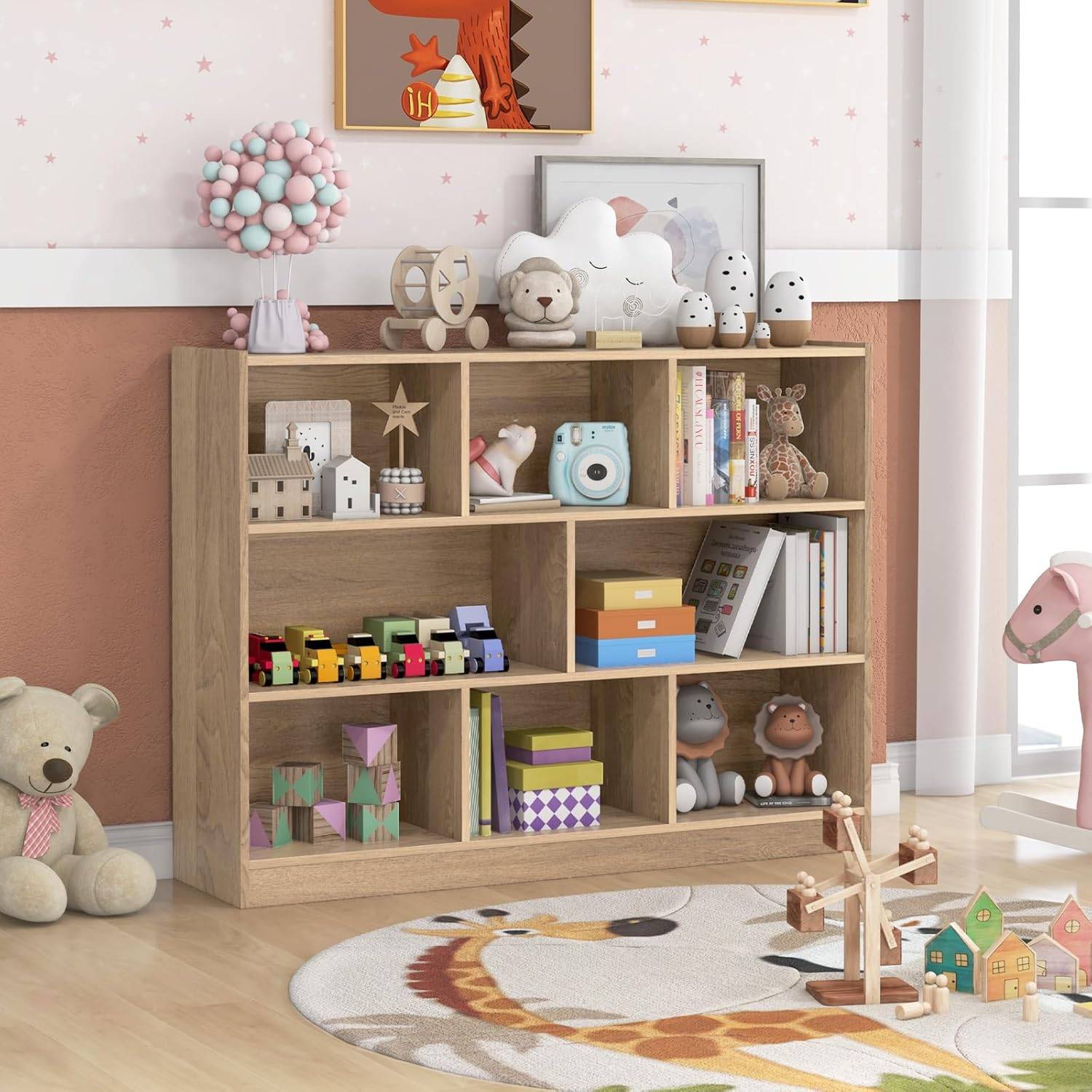 Bibliothèque Enfants à 3 Niveaux avec 8 Cases, Étagère à Livres Enfant avec Espace de Rangement, Charge 60kg, 122 x 32 x 93 CM - Image 2