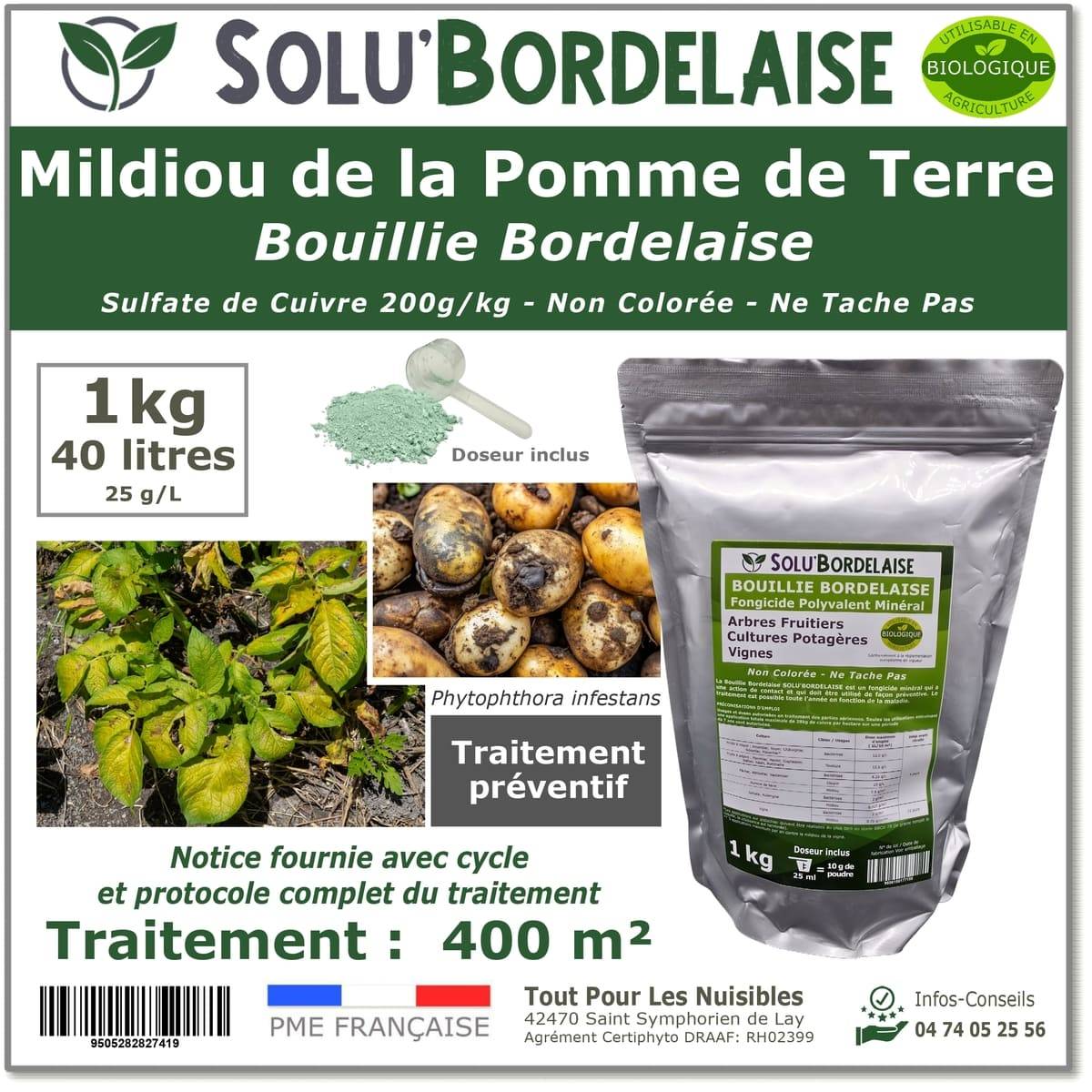 Solu'Bordelaise - 1 kg de Bouillie Bordelaise - Mildiou de la pomme de terre- Utilisable Agriculture Biologique -  Sachet Refermable - Image 1