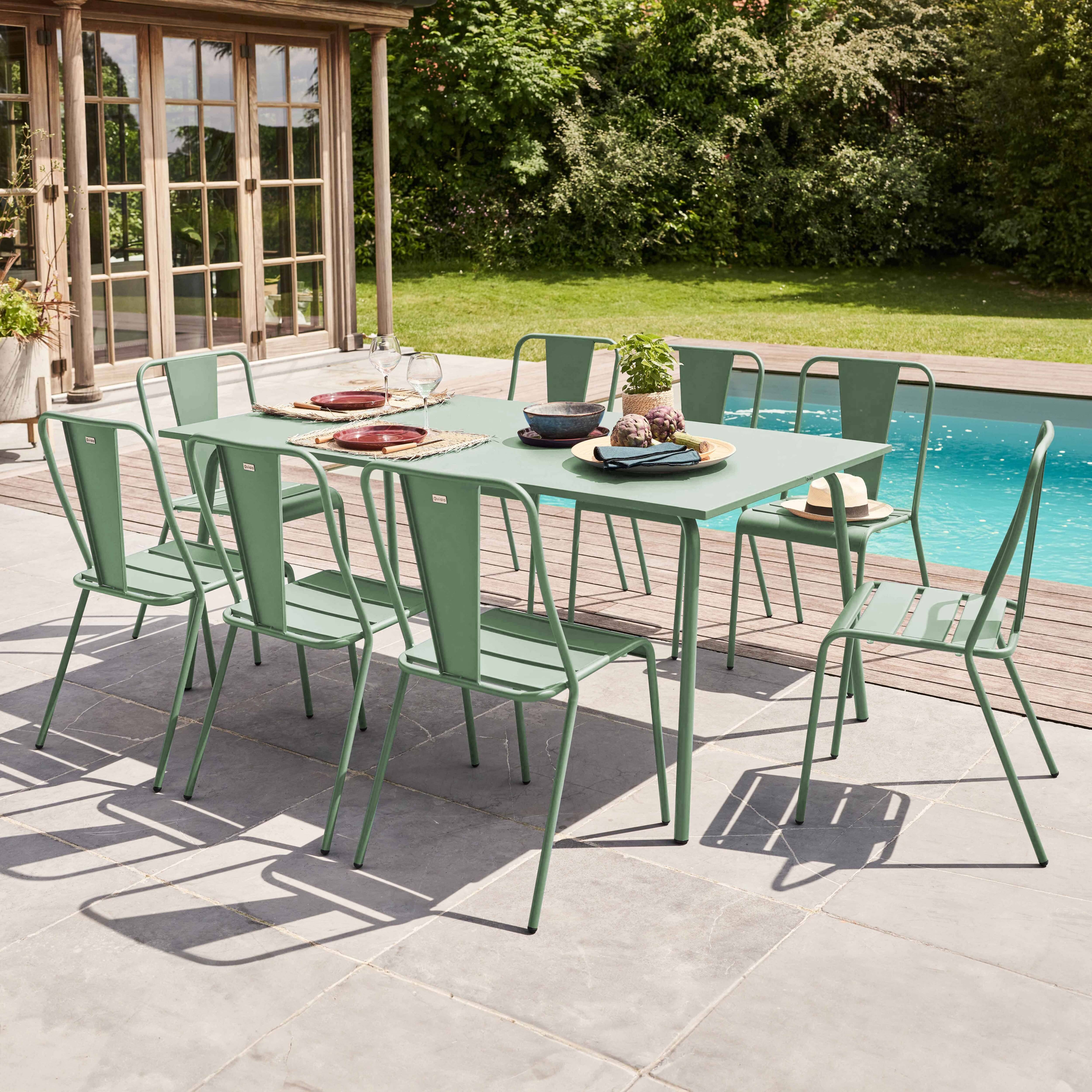 Oviala - Ensemble table de jardin et 8 chaises bistrot en acier vert sauge Palavas - Oviala - Imagen 2
