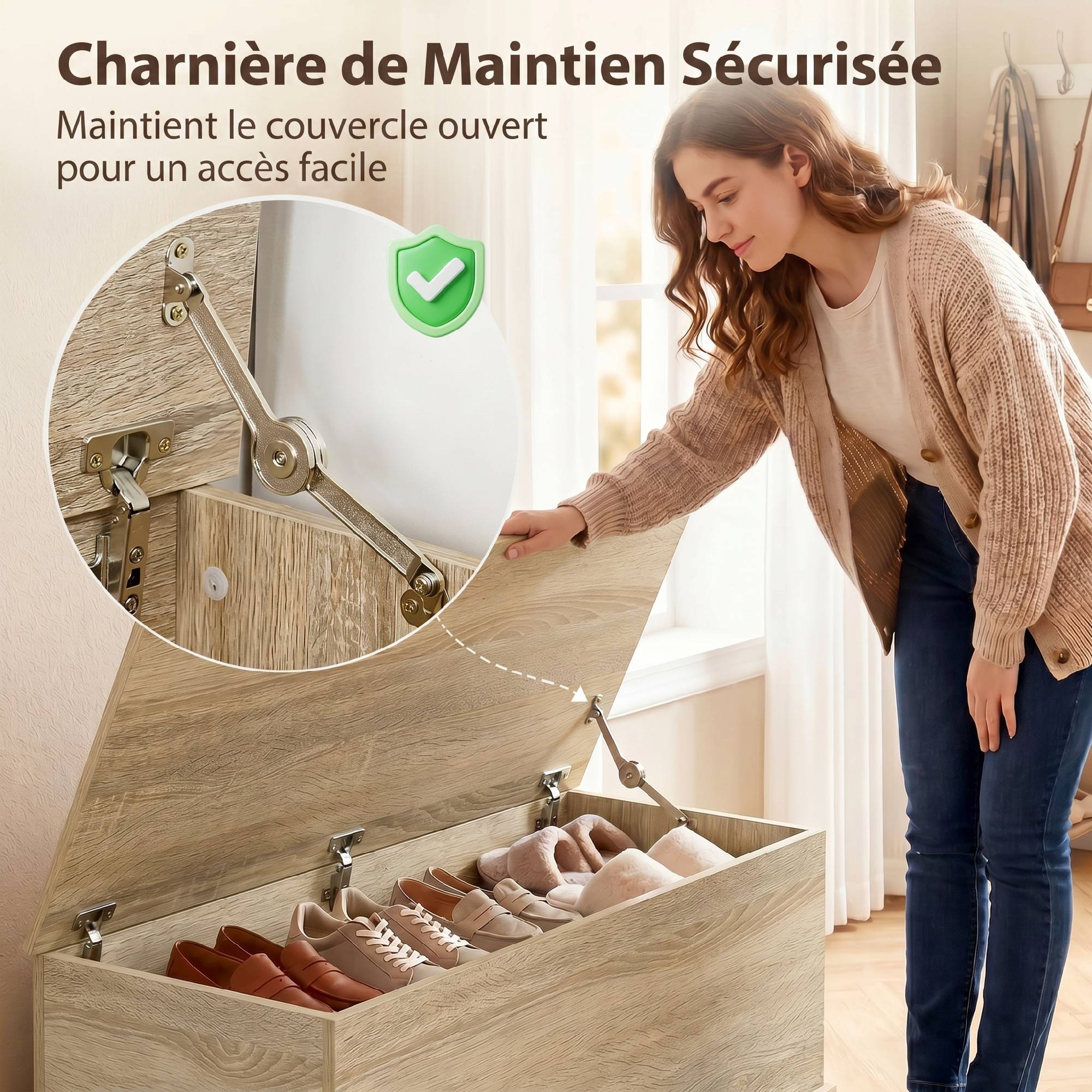 Sans Marque - Coffre de rangement, banc de rangement avec couvercle rabattable et charnières de sécurité, 100 x 40 x 40 cm, naturel - Image 7