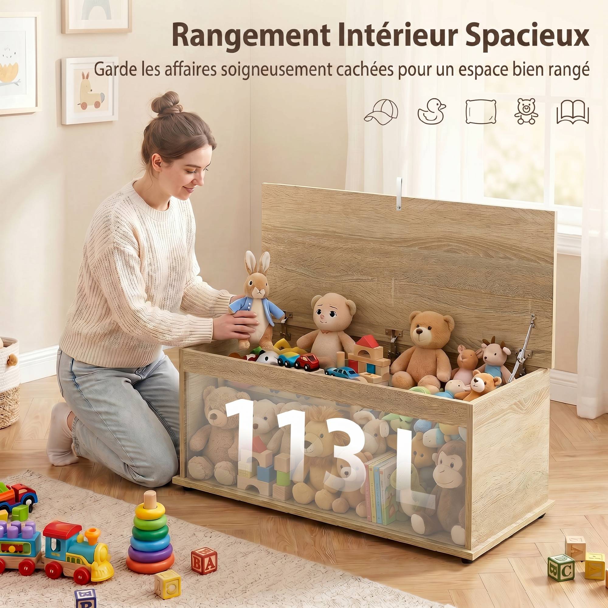 Sans Marque - Coffre de rangement, banc de rangement avec couvercle rabattable et charnières de sécurité, 100 x 40 x 40 cm, naturel - Image 6