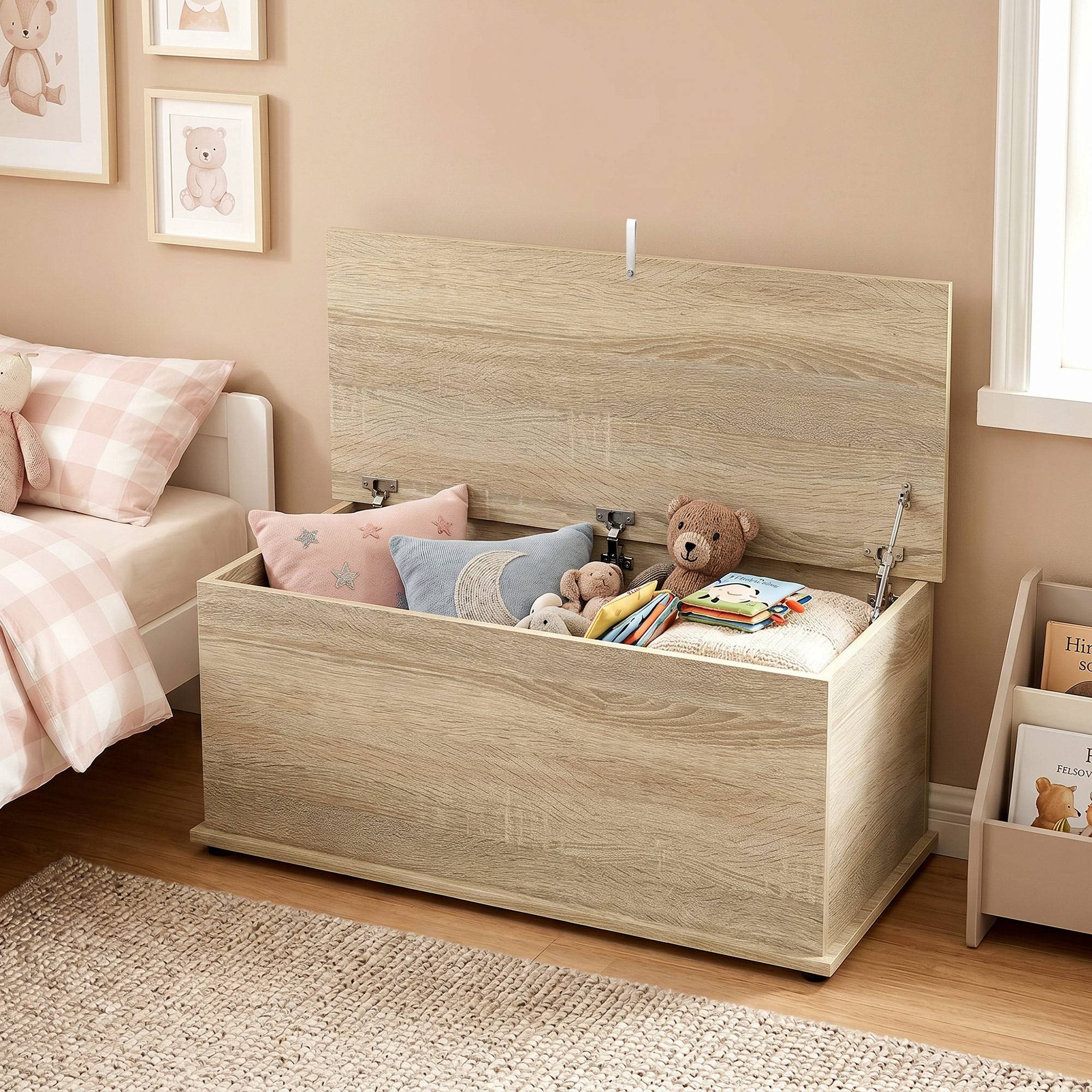 Sans Marque - Coffre de rangement, banc de rangement avec couvercle rabattable et charnières de sécurité, 100 x 40 x 40 cm, naturel - Image 9