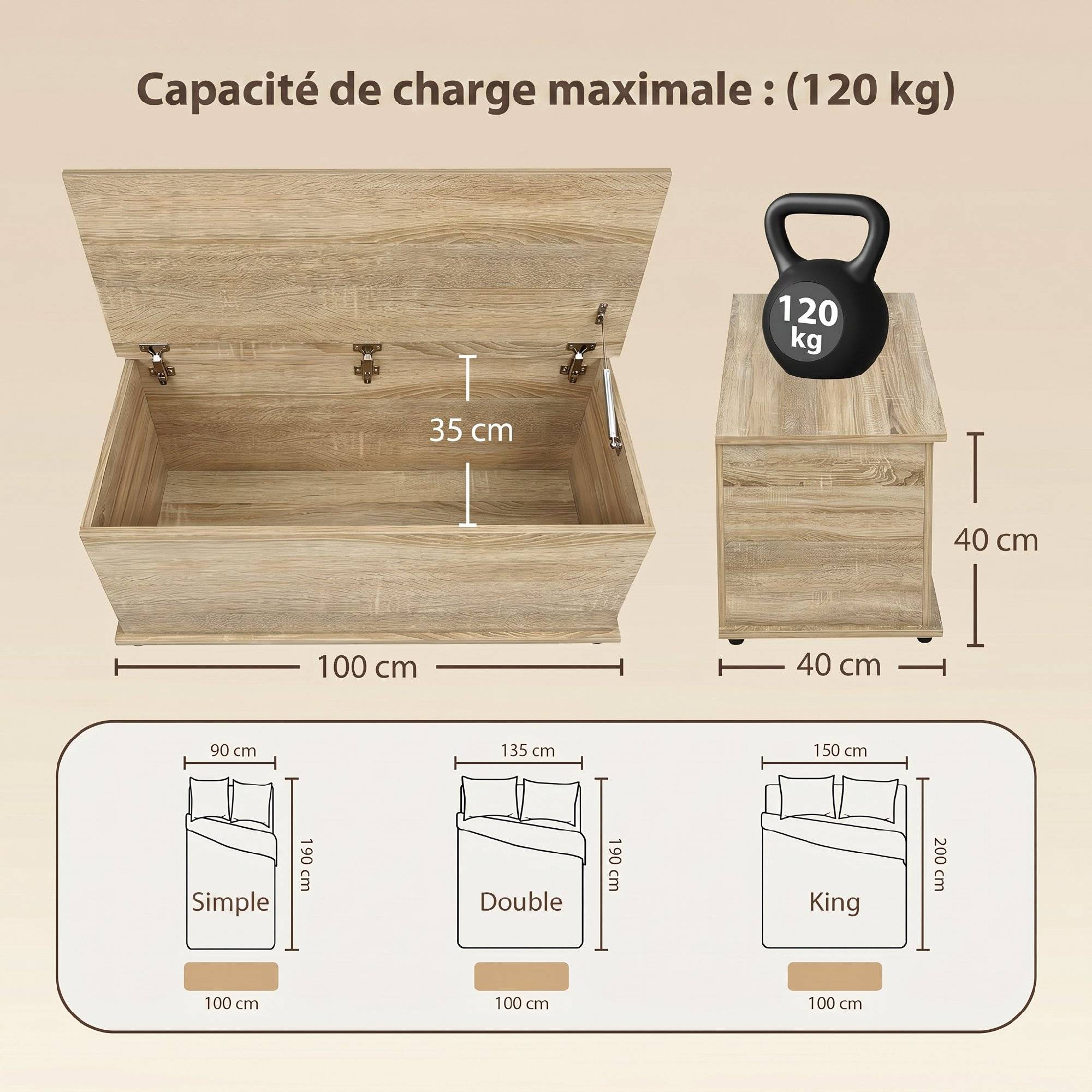 Sans Marque - Coffre de rangement, banc de rangement avec couvercle rabattable et charnières de sécurité, 100 x 40 x 40 cm, naturel - Image 5