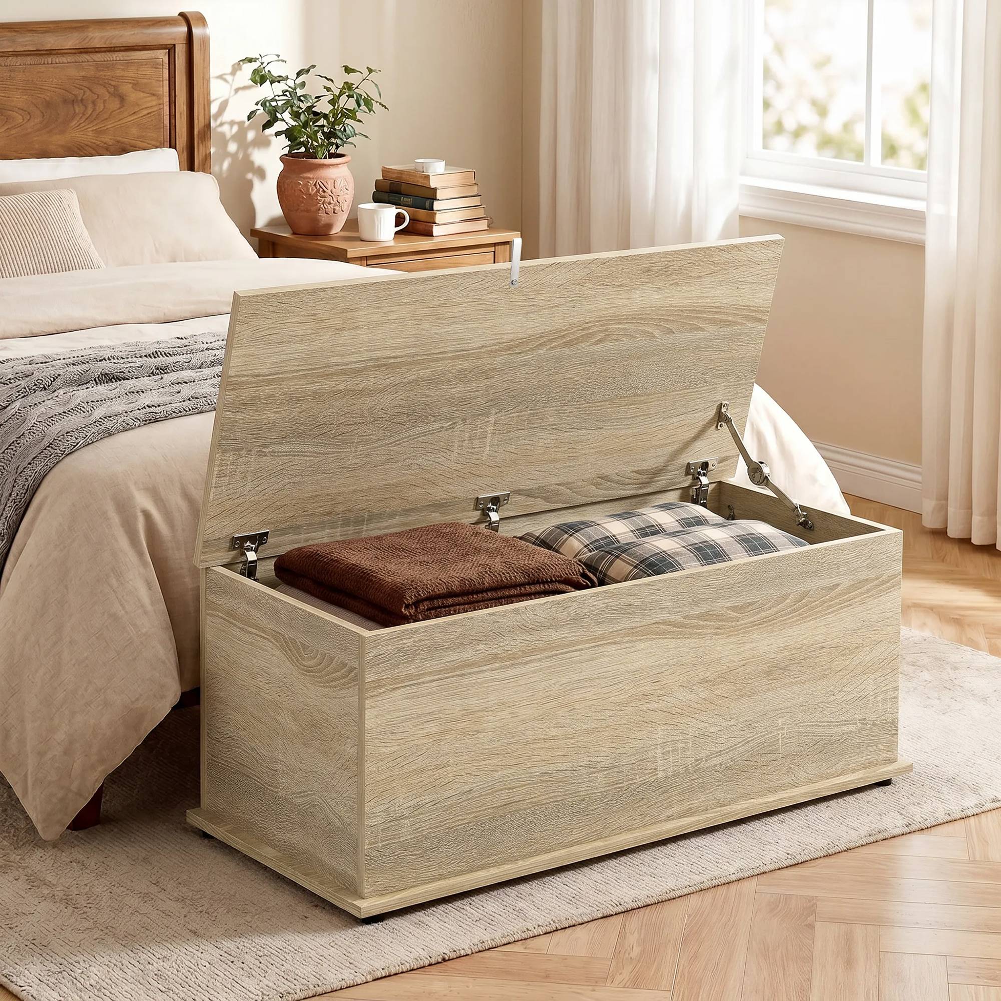 Sans Marque - Coffre de rangement, banc de rangement avec couvercle rabattable et charnières de sécurité, 100 x 40 x 40 cm, naturel - Image 3