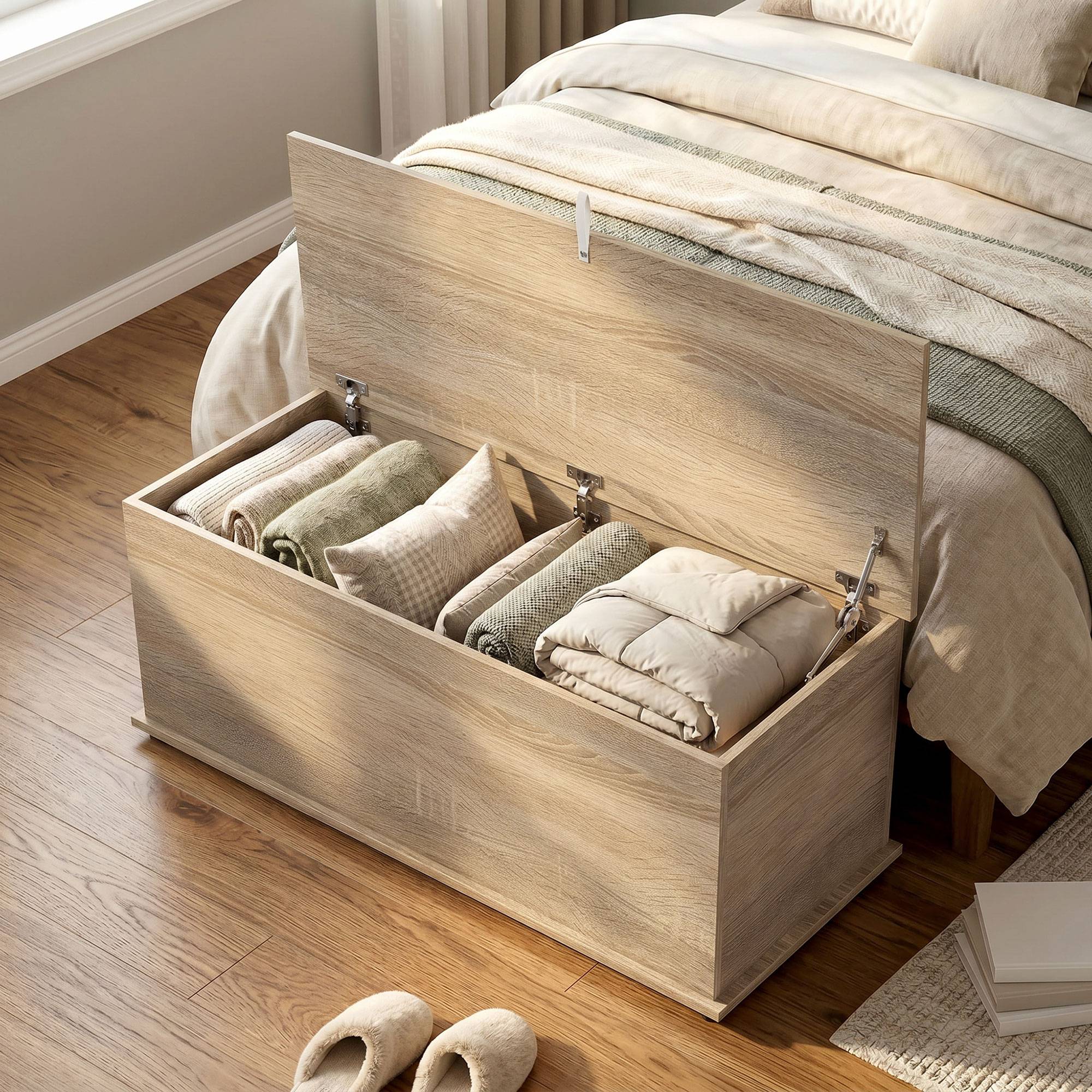 Sans Marque - Coffre de rangement, banc de rangement avec couvercle rabattable et charnières de sécurité, 100 x 40 x 40 cm, naturel - Image 10