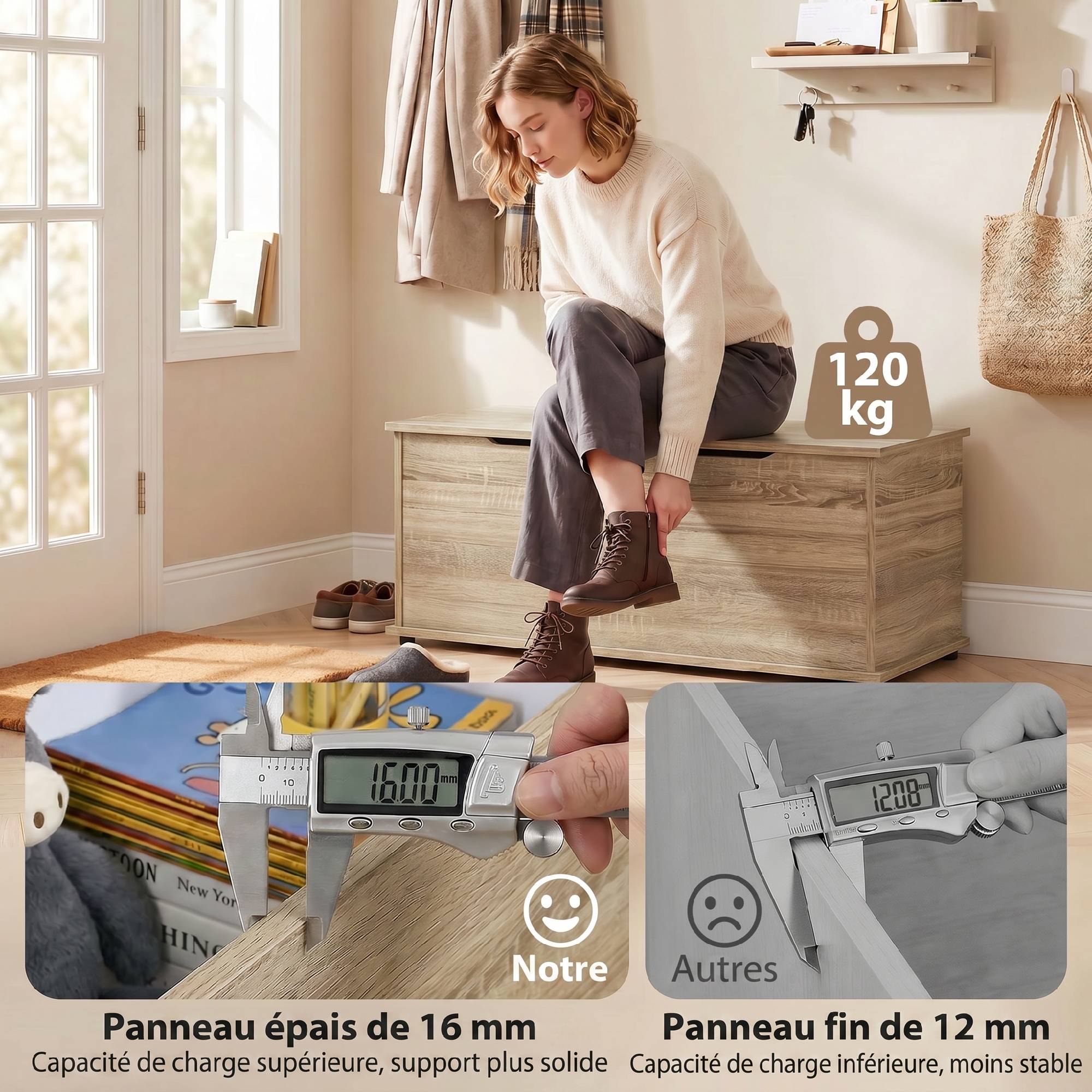 Sans Marque - Coffre de rangement, banc de rangement avec couvercle rabattable et charnières de sécurité, 100 x 40 x 40 cm, naturel - Image 8