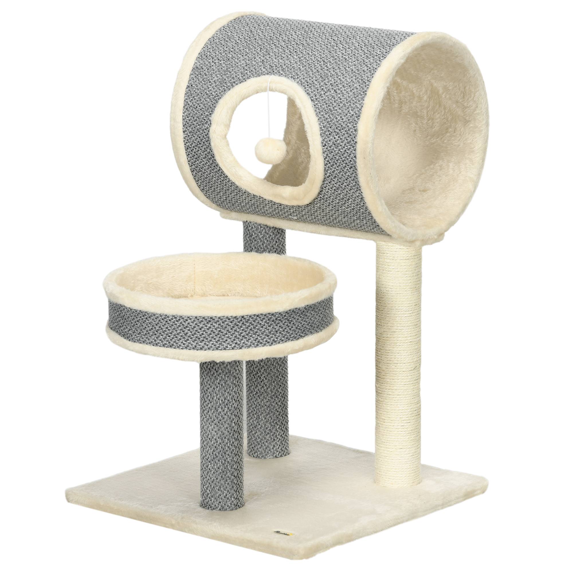 Pawhut - Arbre à chat style cosy chic griffoir sisal naturel plateforme tunnel jeu boule peluche courte aspect lin tressé gris - Imagen 1