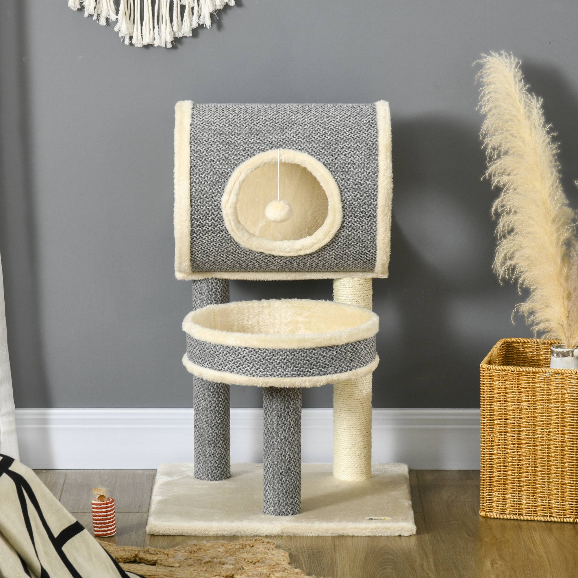 Pawhut - Arbre à chat style cosy chic griffoir sisal naturel plateforme tunnel jeu boule peluche courte aspect lin tressé gris - Imagen 4