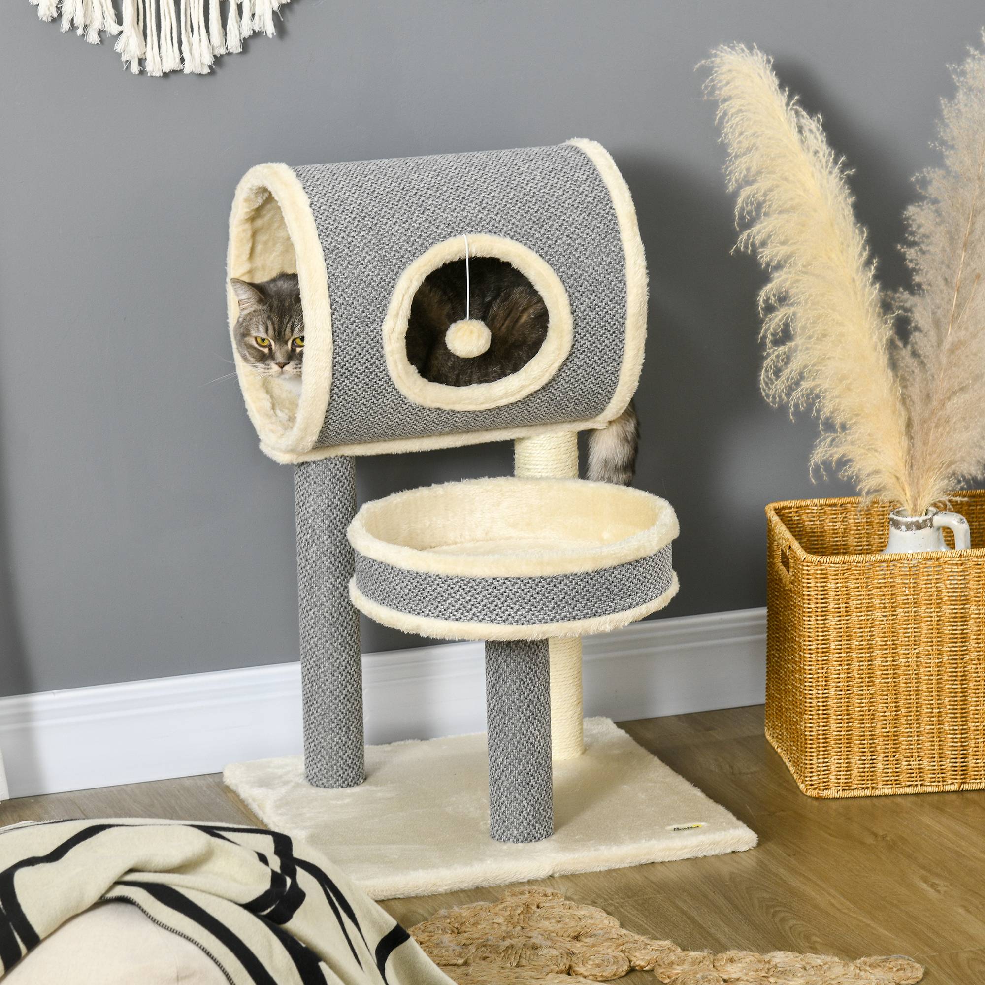 Pawhut - Arbre à chat style cosy chic griffoir sisal naturel plateforme tunnel jeu boule peluche courte aspect lin tressé gris - Imagen 2