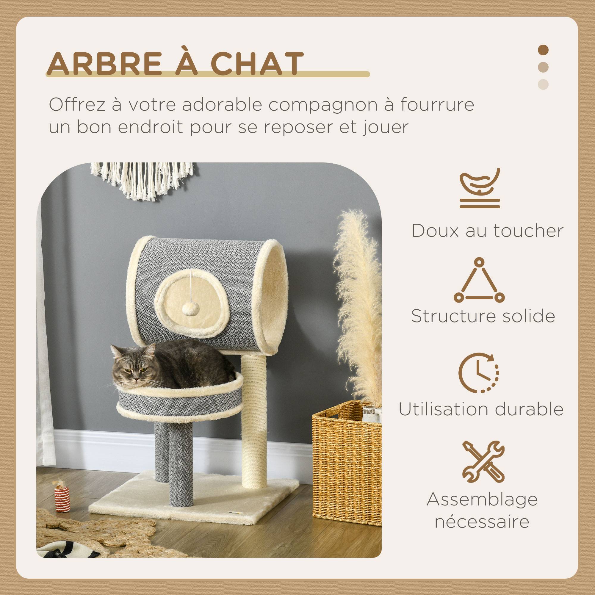 Pawhut - Arbre à chat style cosy chic griffoir sisal naturel plateforme tunnel jeu boule peluche courte aspect lin tressé gris - Imagen 7