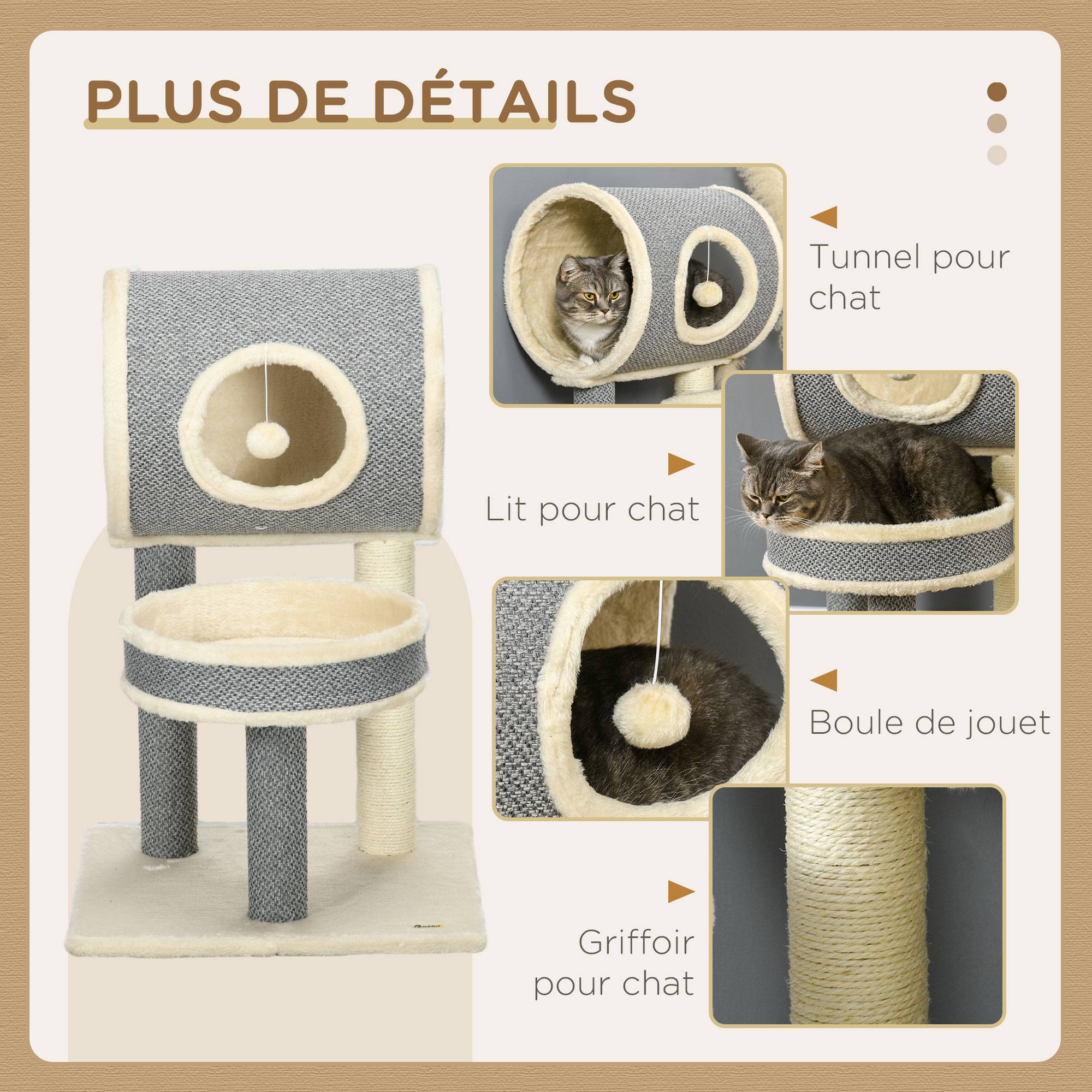 Pawhut - Arbre à chat style cosy chic griffoir sisal naturel plateforme tunnel jeu boule peluche courte aspect lin tressé gris - Imagen 5