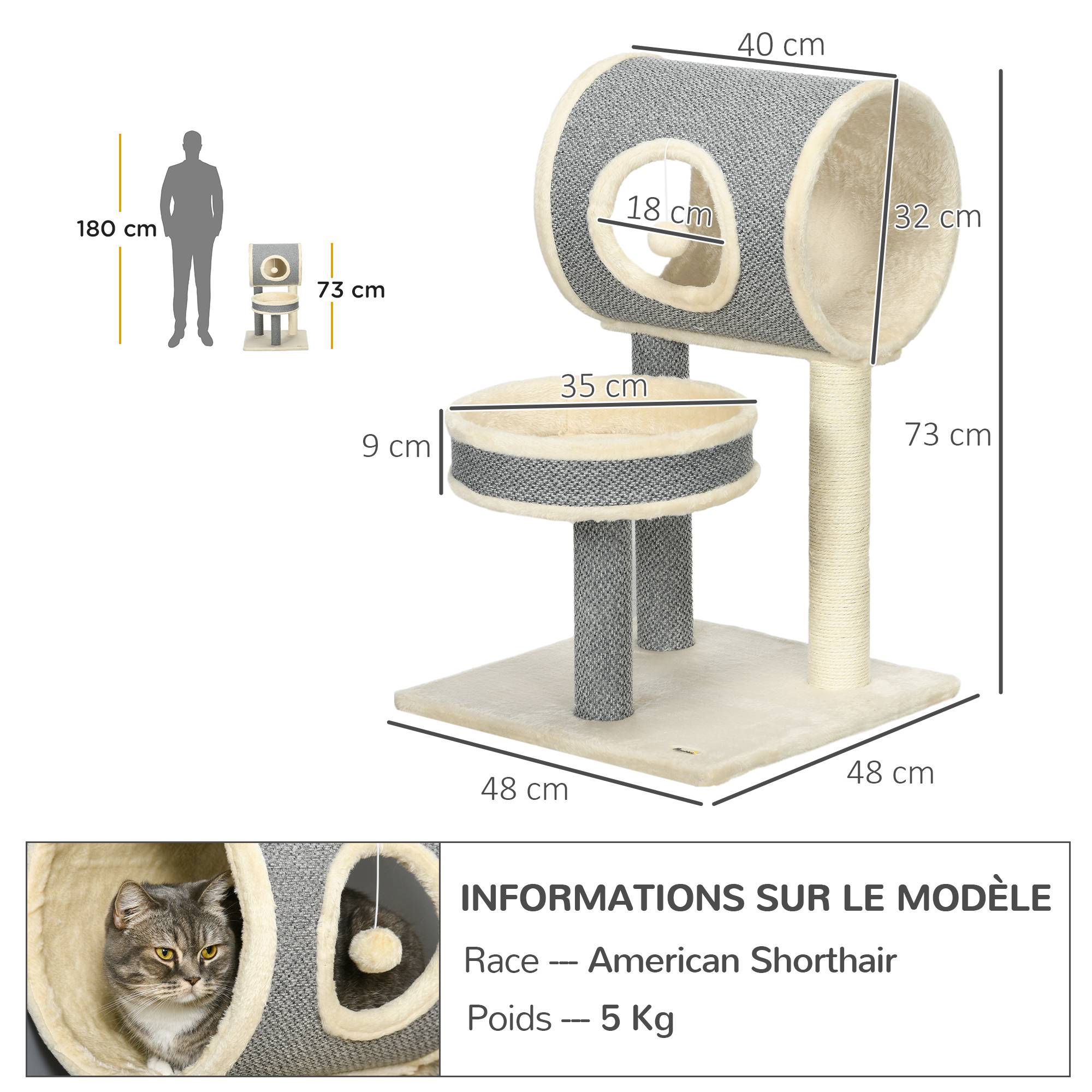 Pawhut - Arbre à chat style cosy chic griffoir sisal naturel plateforme tunnel jeu boule peluche courte aspect lin tressé gris - Imagen 3