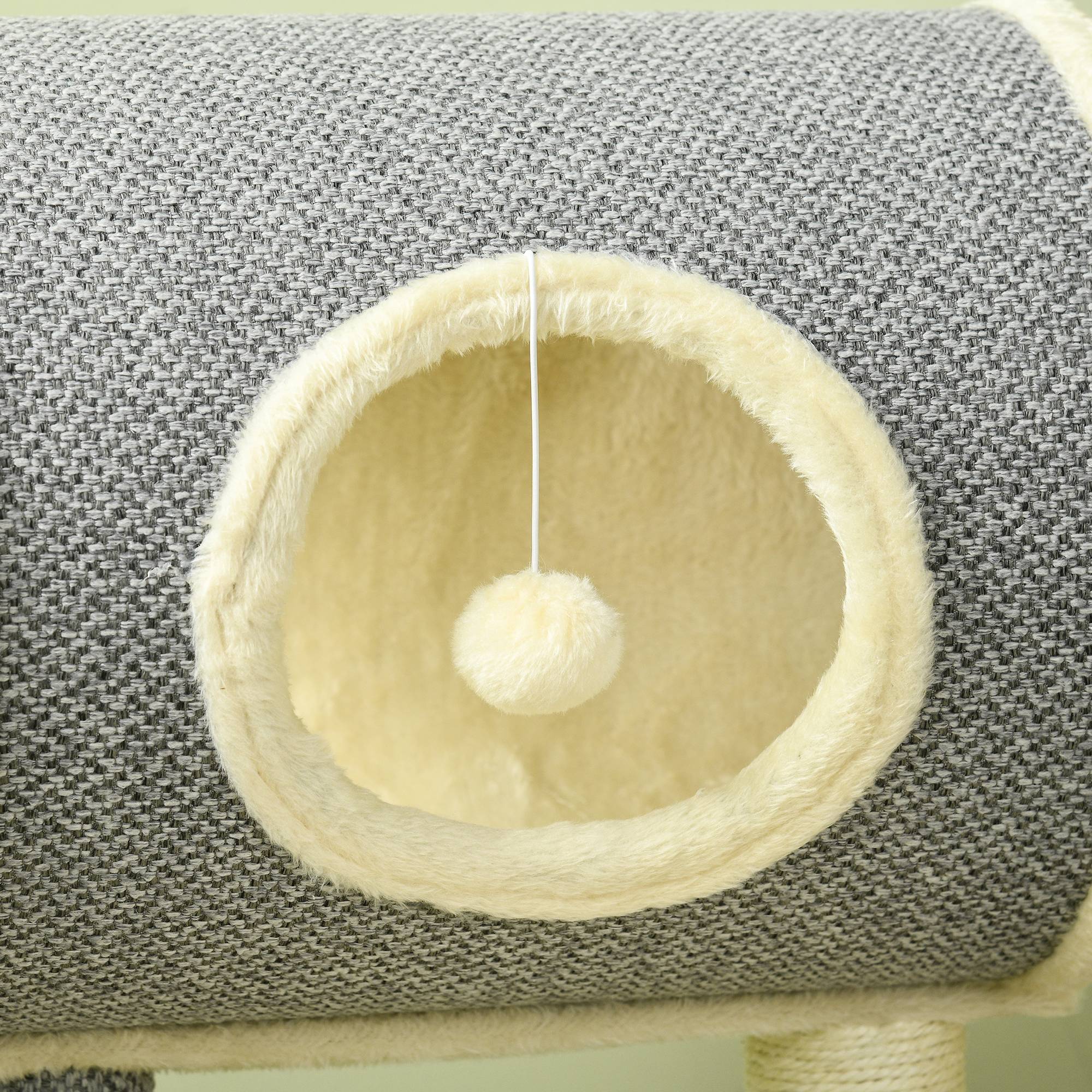 Pawhut - Arbre à chat style cosy chic griffoir sisal naturel plateforme tunnel jeu boule peluche courte aspect lin tressé gris - Imagen 8