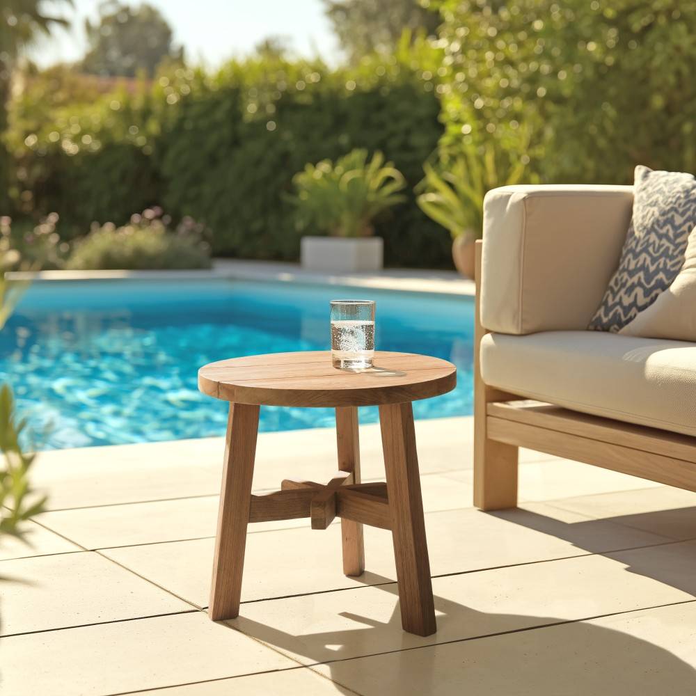 Macabane - KALLY - Table d'appoint ronde en bois de teck recyclé naturel D47cm - Image 2