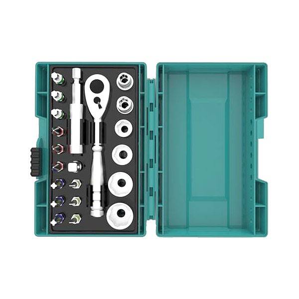 Clé à cliquet en coffret MAKITA - 21 pièces - 12 embouts + 6 douilles + 1 adaptateur 1/4' + porte-embout magnétique - B-54081 - Image 1