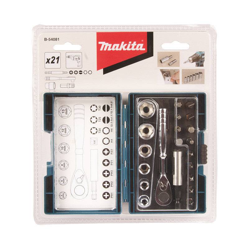 Clé à cliquet en coffret MAKITA - 21 pièces - 12 embouts + 6 douilles + 1 adaptateur 1/4' + porte-embout magnétique - B-54081 - Image 2