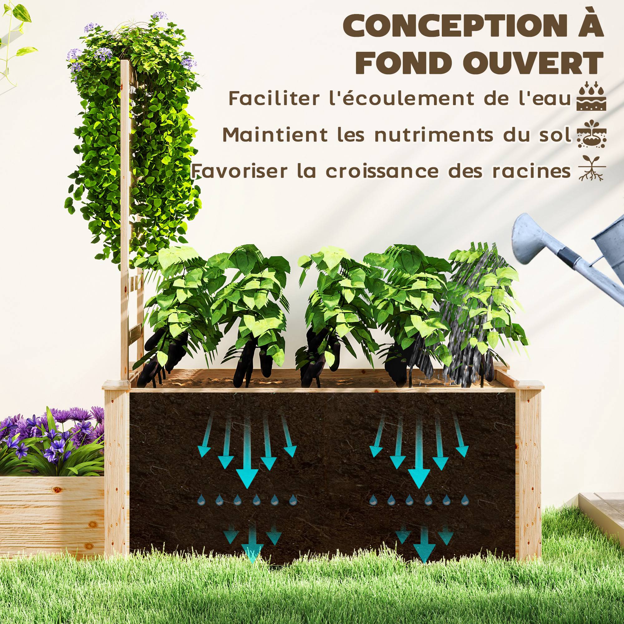Jardinière avec treillis bois naturel 222 x 63 x 132 cm - PANGIVO - Image 8