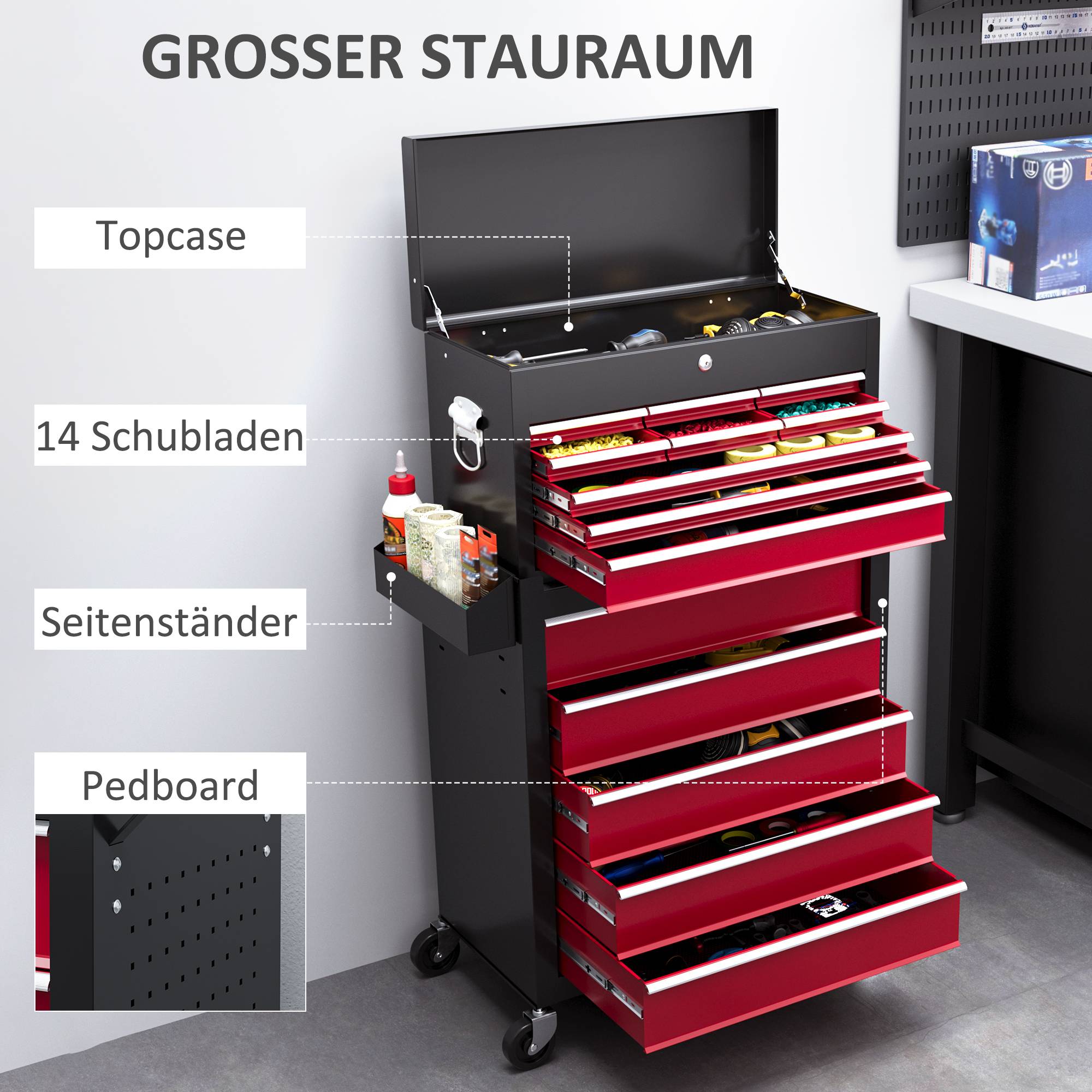 Sans Marque - Chariot outils, 2 pièces verrouillable, 14 tiroirs, panneau perforé, acier, rouge - Image 6