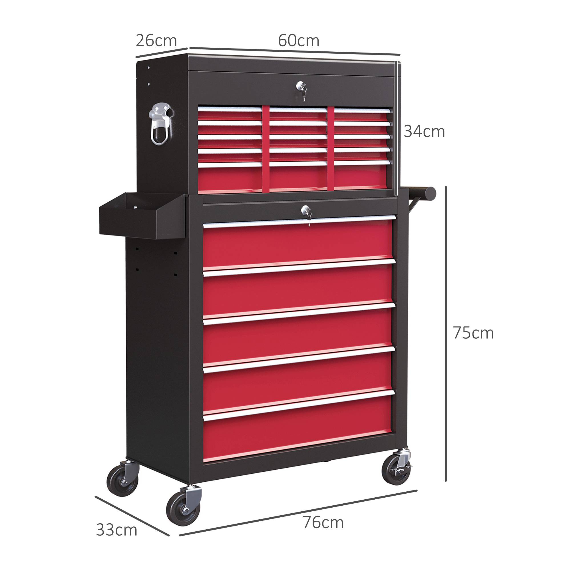 Sans Marque - Chariot outils, 2 pièces verrouillable, 14 tiroirs, panneau perforé, acier, rouge - Image 5