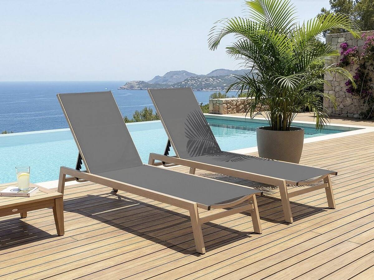 Lot De 2 Bains De Soleil En Aluminium Imitation Bois "elysia" - Gris -habitat Et Jardin - Image 2
