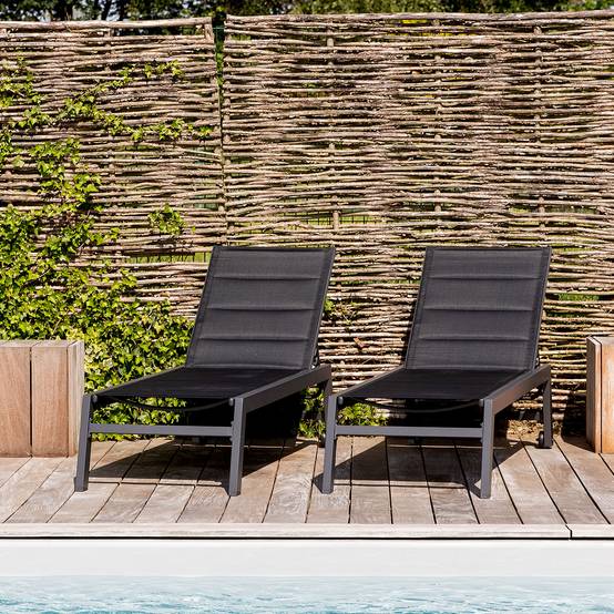 Happy Garden - Lot de 2 bains de soleil BARBADOS en textilène noir - aluminium gris anthracite - HAPPY GARDEN - Imagen 2
