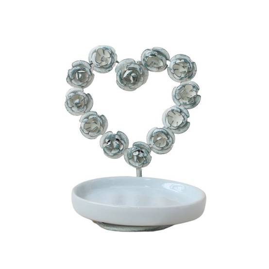 ~ Porte savon en forme de coeur en métal et porcelaine blanche Chemin de campagne