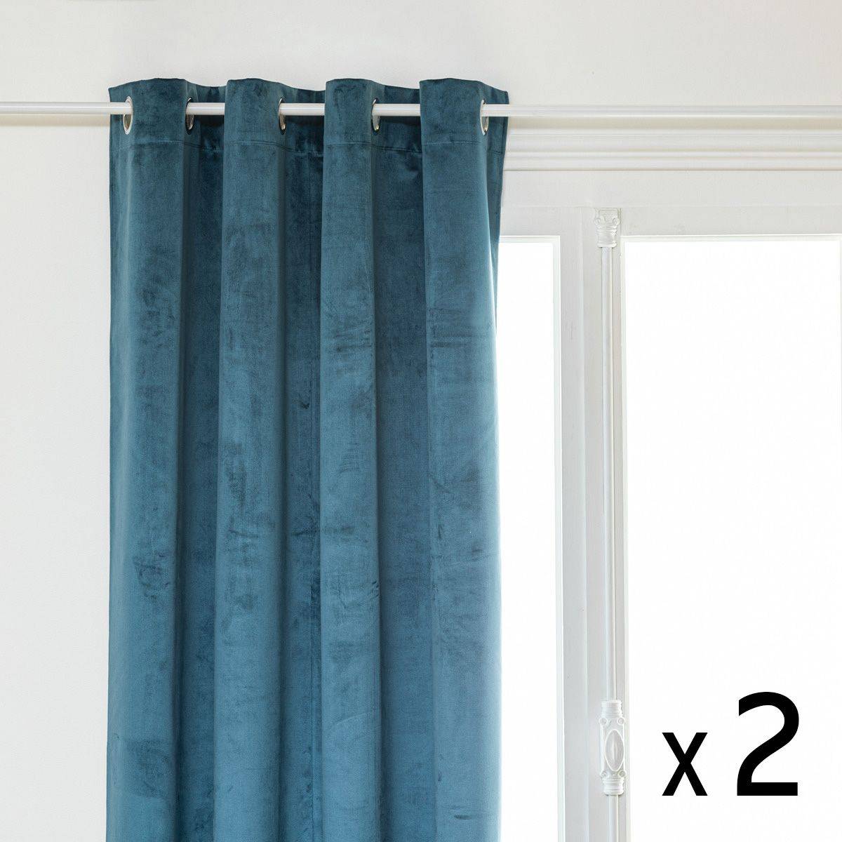 Atmosphera - Lot de 2 Rideaux à  œillets Occultant Velours Bleu Egéen 140 x 260 cm - Imagen 1