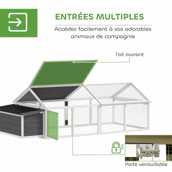 Poulailler extérieur bois sapin 4-8 poules modulable toit ouvrable 240x112x76cm blanc - ComfortXL Outdoor Living - Image 7