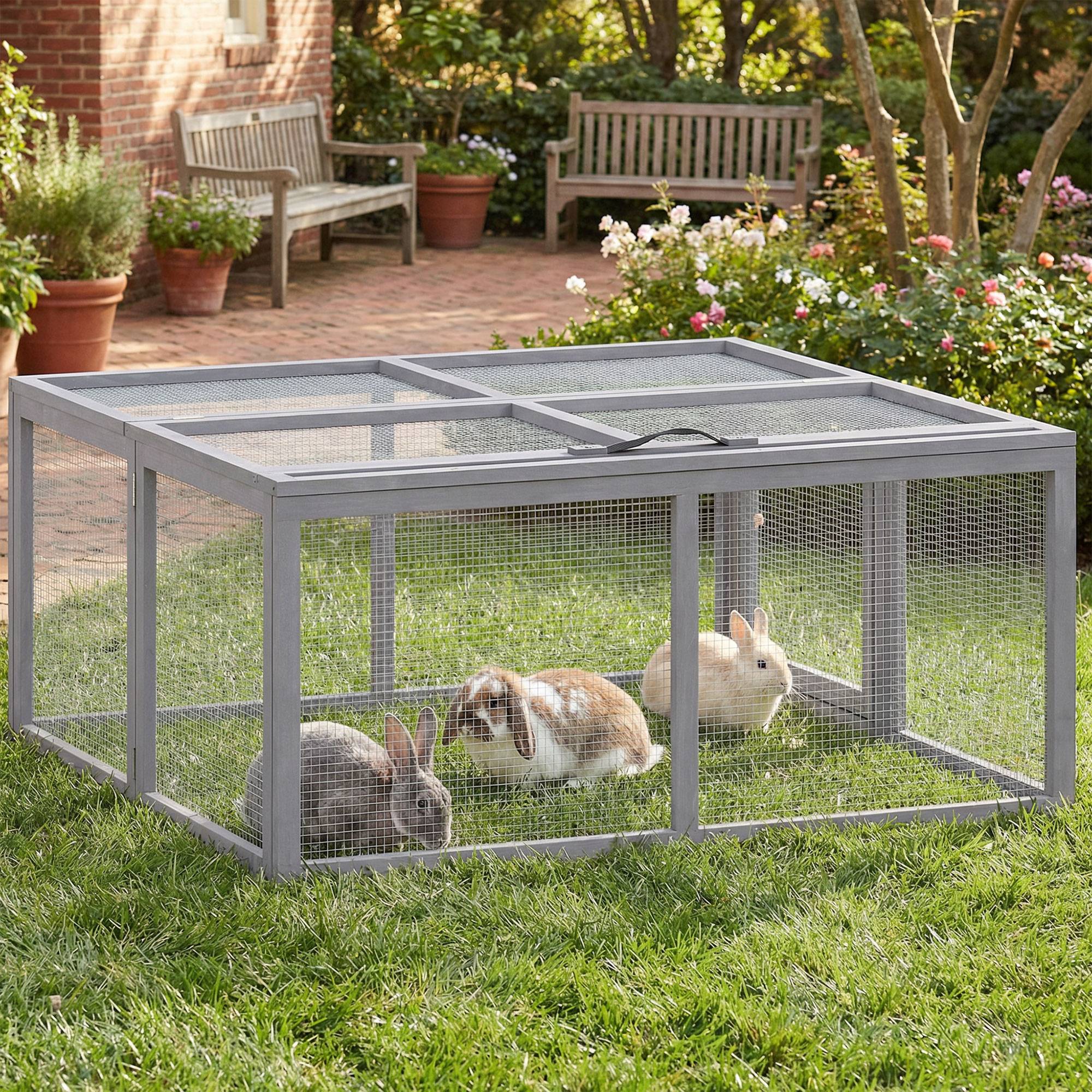 Clapier Lapin Extérieur Enclos Lapin Pliable en Bois Toit Ouvrant et Poignée pour Poule Canard 110x105x50cm Gris - Image 3