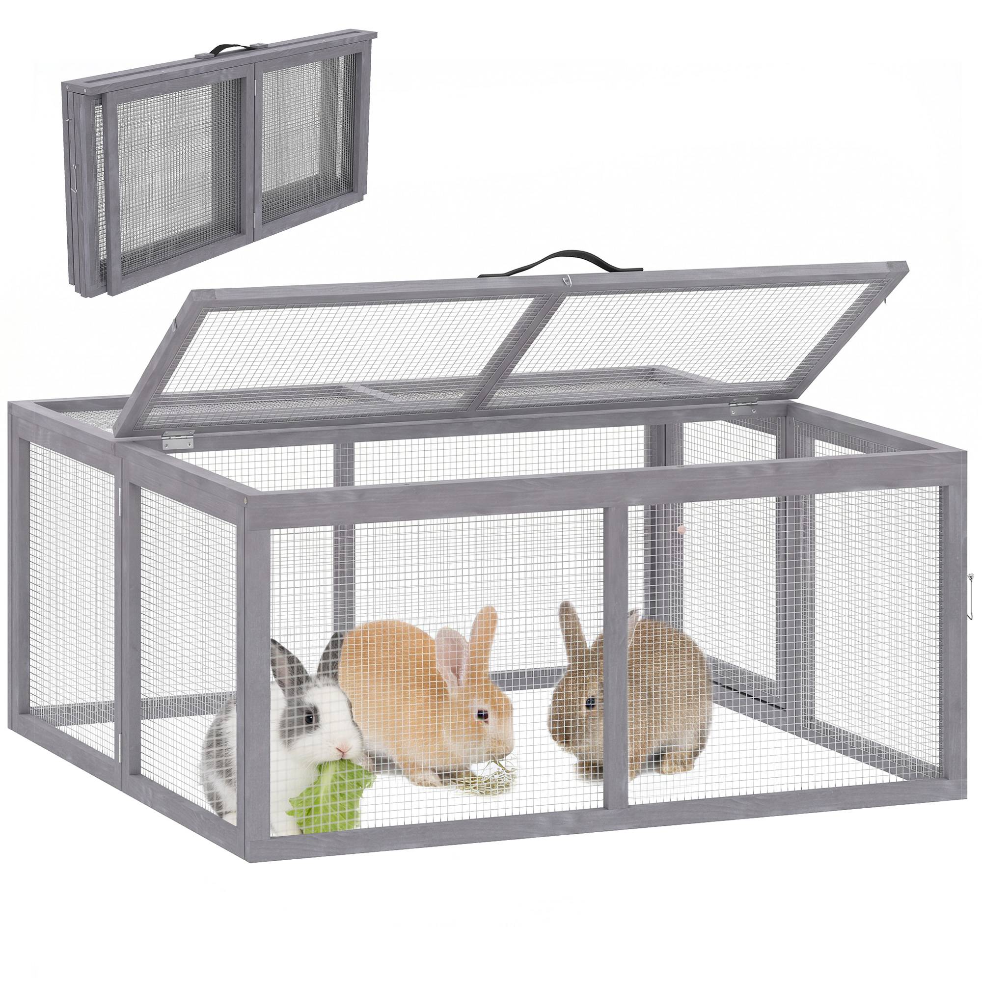 Clapier Lapin Extérieur Enclos Lapin Pliable en Bois Toit Ouvrant et Poignée pour Poule Canard 110x105x50cm Gris - Image 1