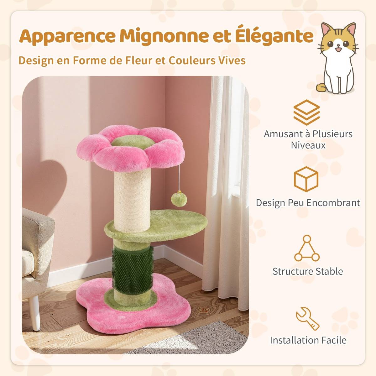 Arbre à Chat Fleur Tour pour Chatons avec Plateforme Rembourrée en Peluche Poteau à Griffer - Image 2