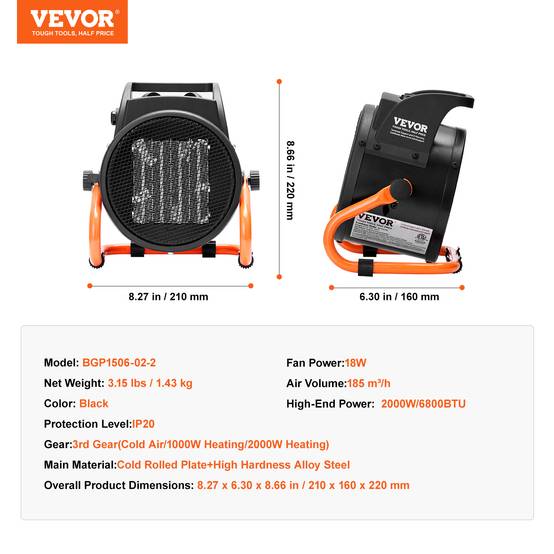 VEVOR Chauffage serre PTC 2000 W, électrique, 3 vitesses, protection surchauffe. Tente culture. - Image 7