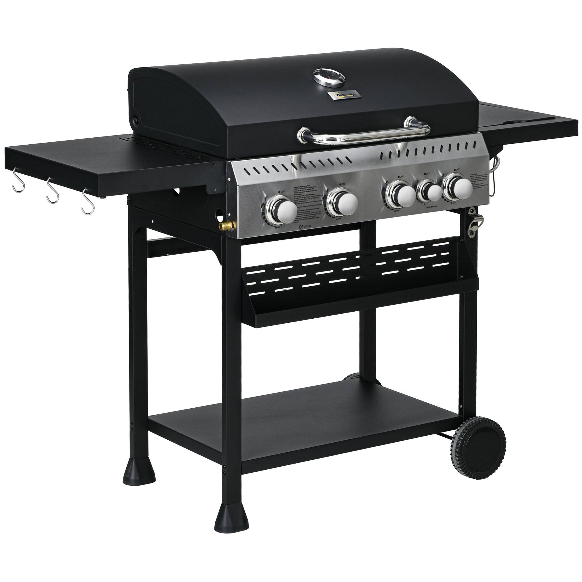 Outsunny - Barbecue à gaz 4+1 - 12,5 kW - 2 roues, étagères, thermomètre, décapsuleur, crochets - acier inox noir - Outsunny - Imagen 1
