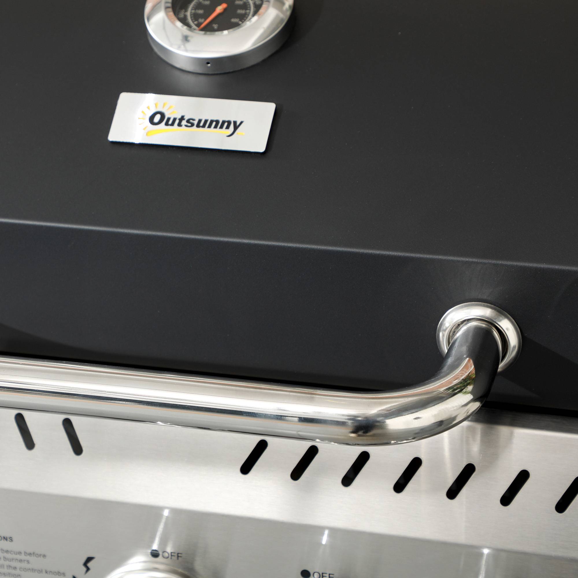Outsunny - Barbecue à gaz 4+1 - 12,5 kW - 2 roues, étagères, thermomètre, décapsuleur, crochets - acier inox noir - Outsunny - Imagen 6