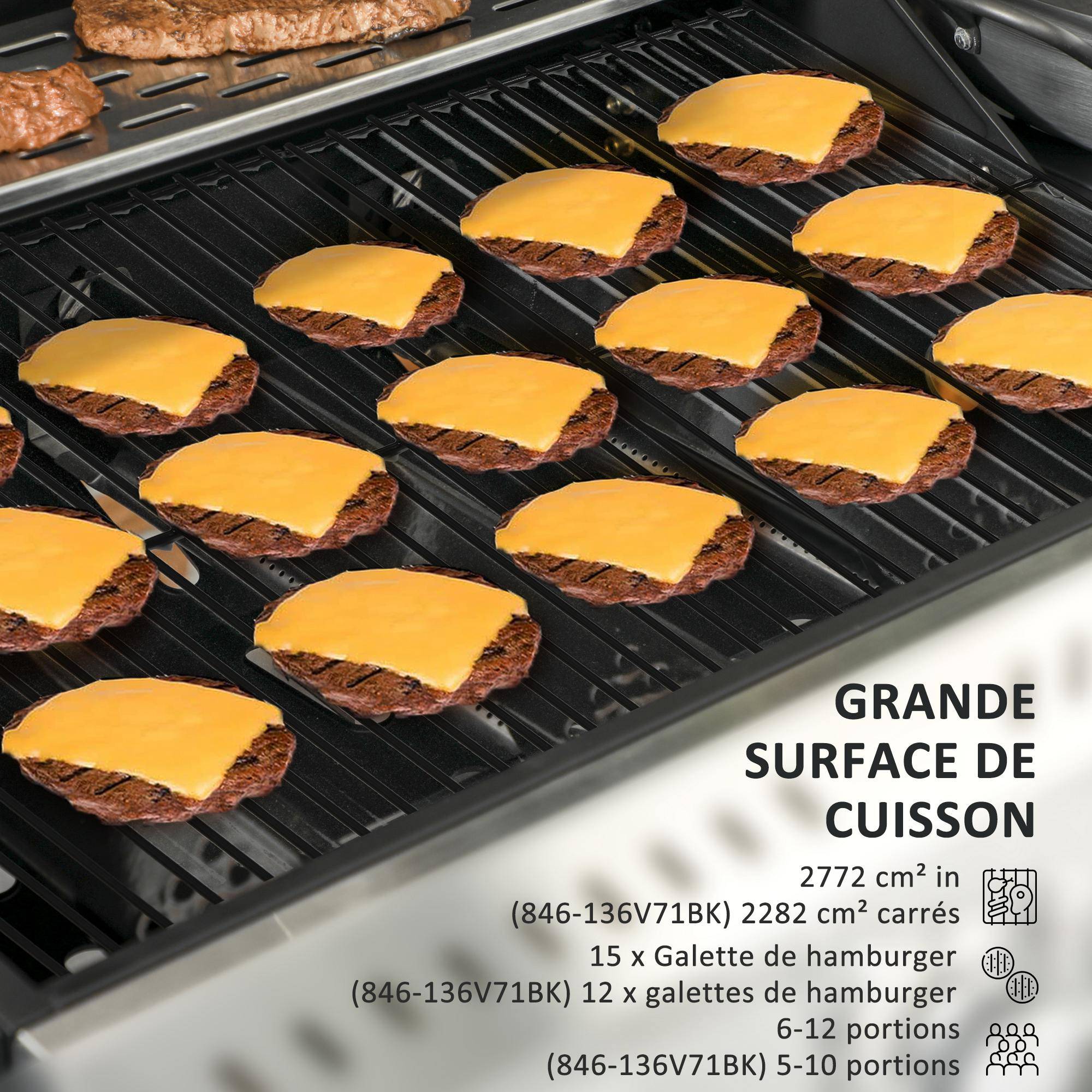 Outsunny - Barbecue à gaz 4+1 - 12,5 kW - 2 roues, étagères, thermomètre, décapsuleur, crochets - acier inox noir - Outsunny - Imagen 4