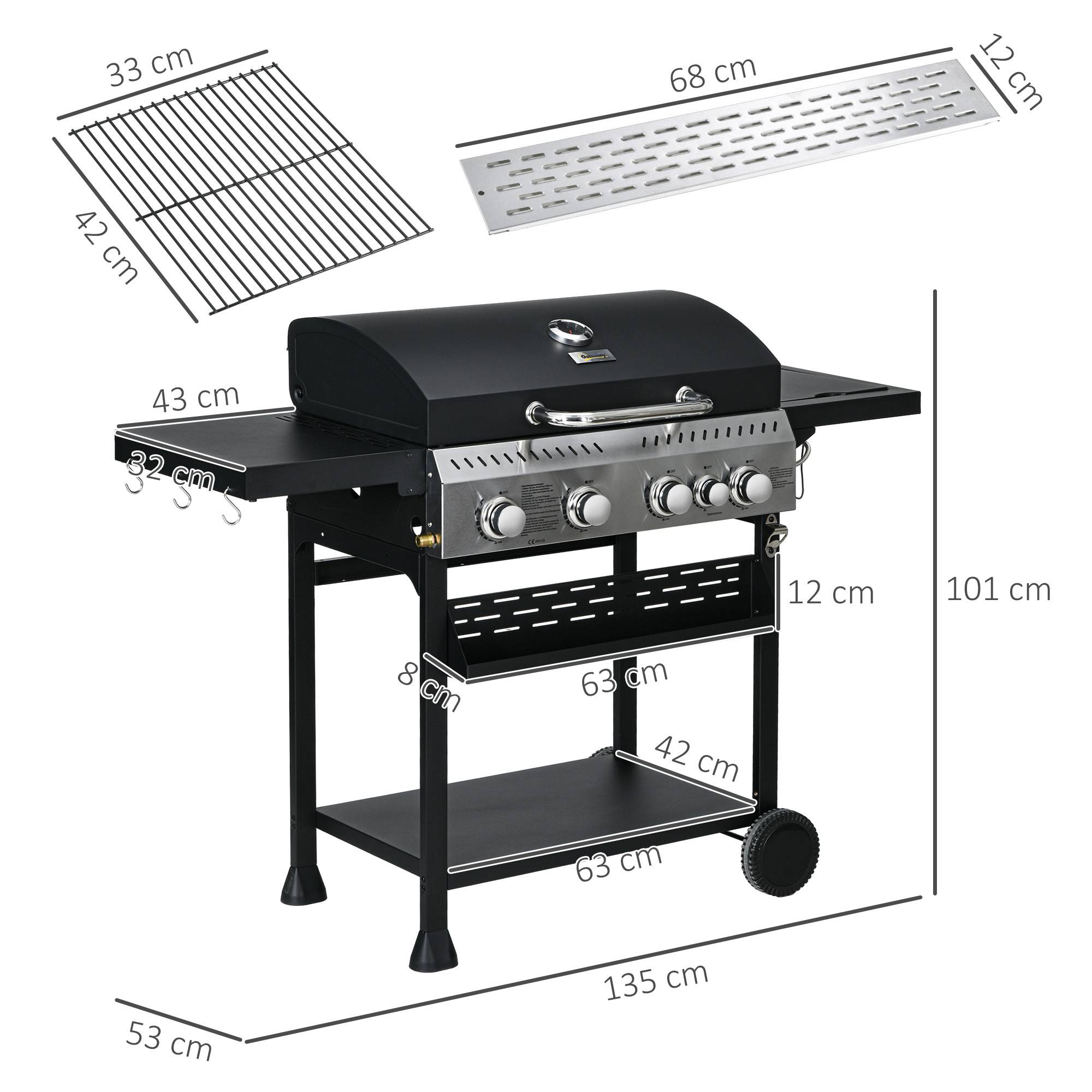 Outsunny - Barbecue à gaz 4+1 - 12,5 kW - 2 roues, étagères, thermomètre, décapsuleur, crochets - acier inox noir - Outsunny - Imagen 3