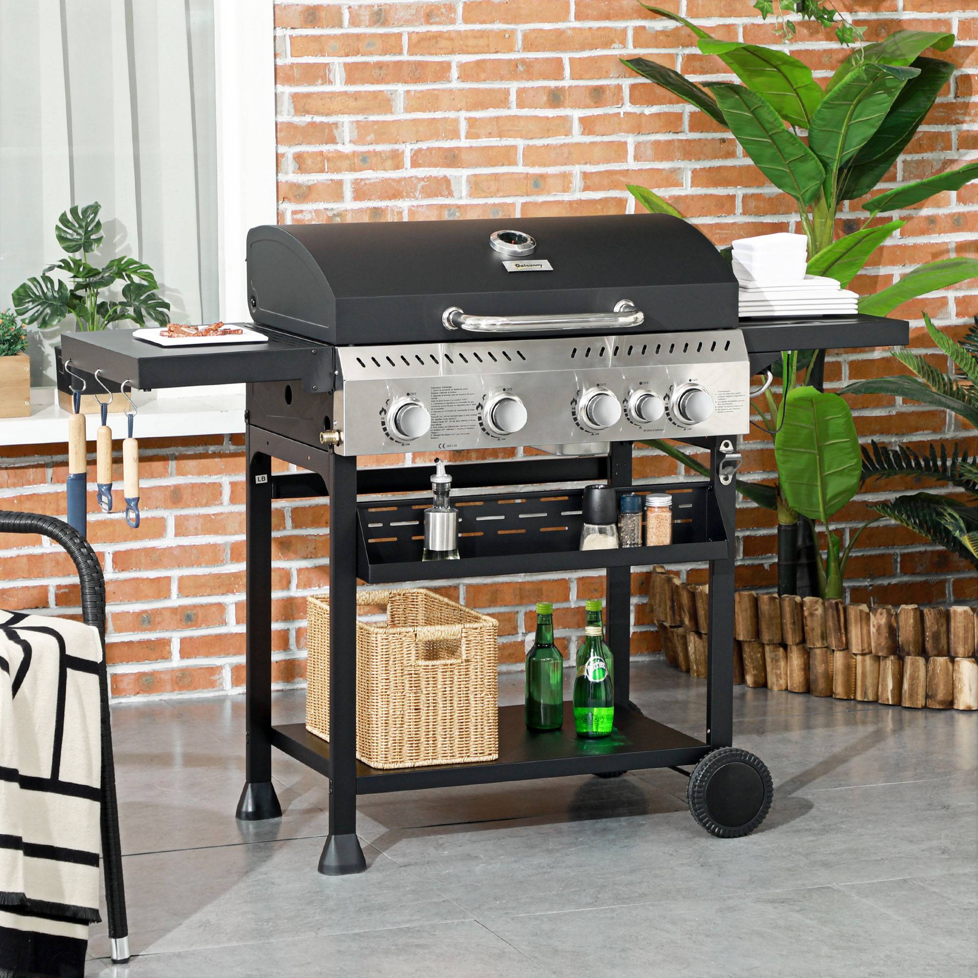 Outsunny - Barbecue à gaz 4+1 - 12,5 kW - 2 roues, étagères, thermomètre, décapsuleur, crochets - acier inox noir - Outsunny - Imagen 2