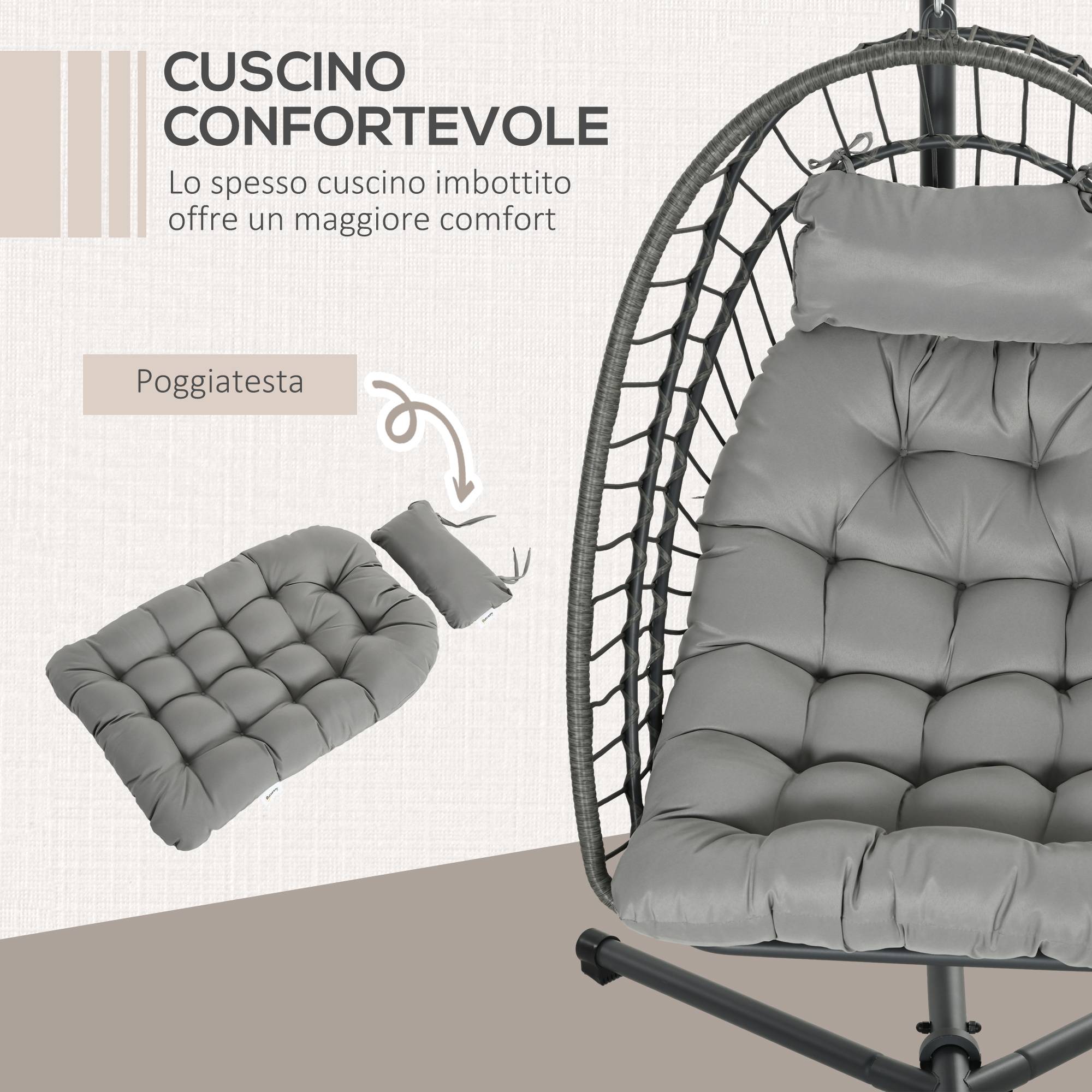 Fauteuil suspendu œuf résine tressée pliable jardin et terrasse relaxation gris - ComfortXL Outdoor Living - Image 8