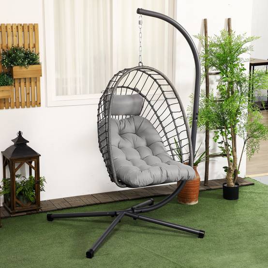 Fauteuil suspendu œuf résine tressée pliable jardin et terrasse relaxation gris - ComfortXL Outdoor Living - Image 3