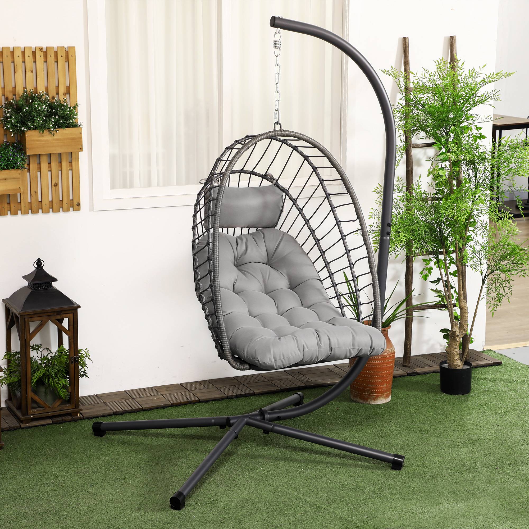 Fauteuil suspendu œuf résine tressée pliable jardin et terrasse relaxation gris - ComfortXL Outdoor Living - Image 3