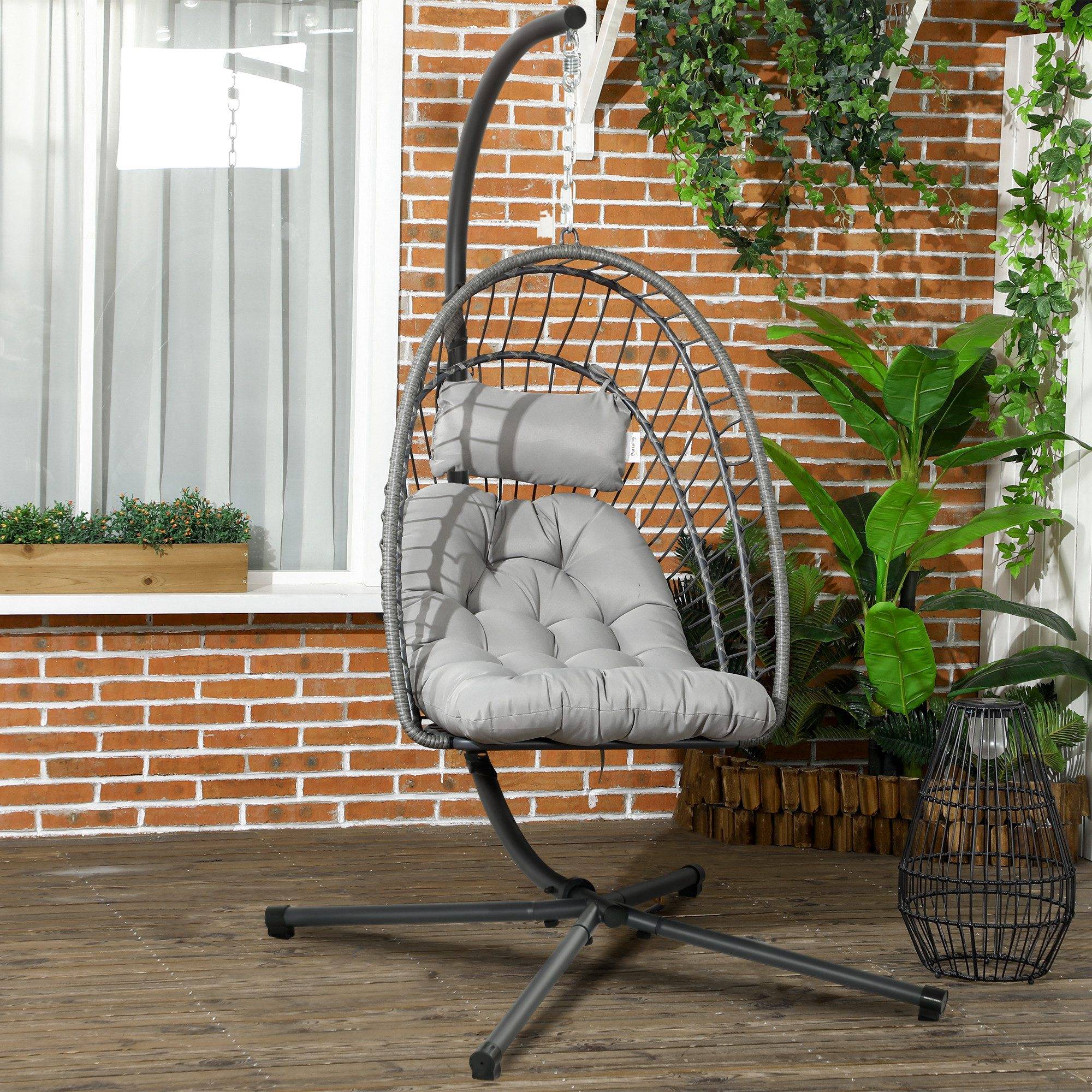 Fauteuil suspendu œuf résine tressée pliable jardin et terrasse relaxation gris - ComfortXL Outdoor Living - Image 4