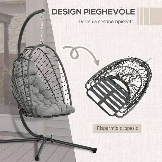 Fauteuil suspendu œuf résine tressée pliable jardin et terrasse relaxation gris - ComfortXL Outdoor Living - Image 6