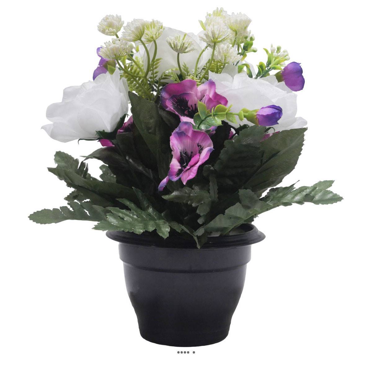 Artificielles - Pot de Rose, pensée et mini fleurs artificiels pour la Toussaint Blanc neige - couleur: Blanc neige - Imagen 1