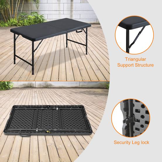 Table pliante en fer et plastique noir 125 x 61 x 74 cm - PANGIVO - Image 4
