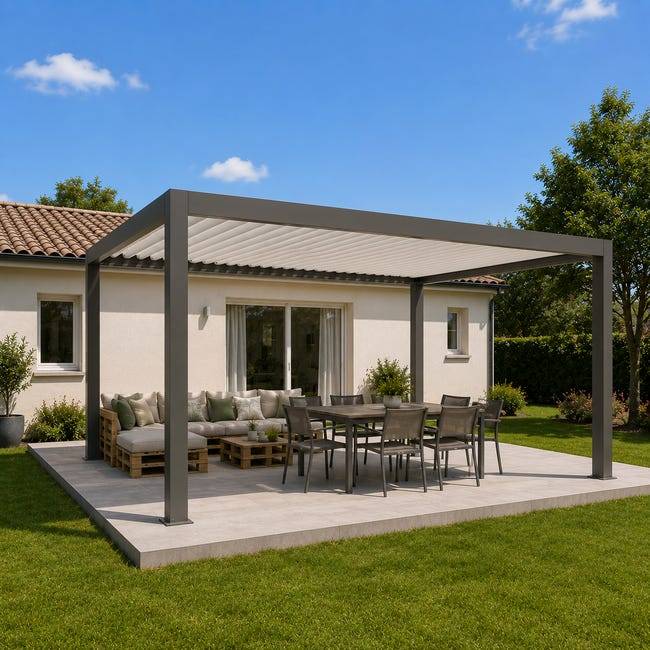 Pergola Bioclimatique Aluminium Autoportante Motorisée Éclairée 5x3,5 Gris SV ORIAL France - Image 7