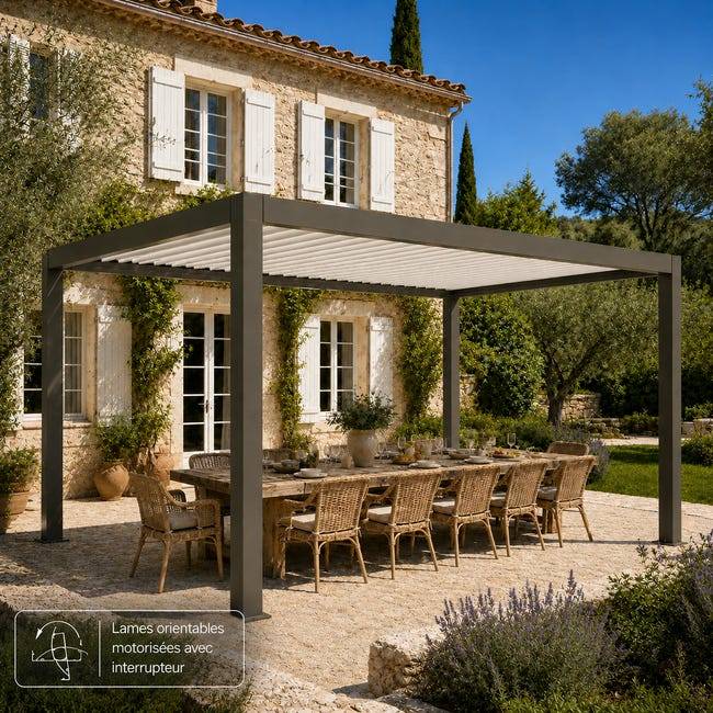 Pergola Bioclimatique Aluminium Autoportante Motorisée Éclairée 5x3,5 Gris SV ORIAL France - Image 4
