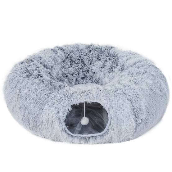 Tunnel grotte pour chat pliable, tissu peluche, coussin, cadre métal, gris clair - Image 2
