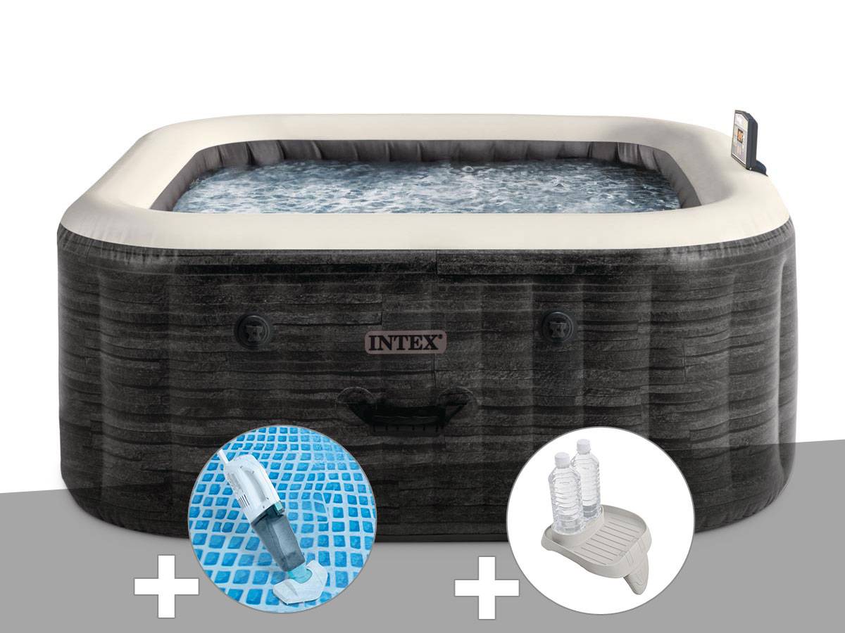 Kit spa gonflable Intex PureSpa Ardoise carré Bulles 4 places + Aspirateur + Porte-verre