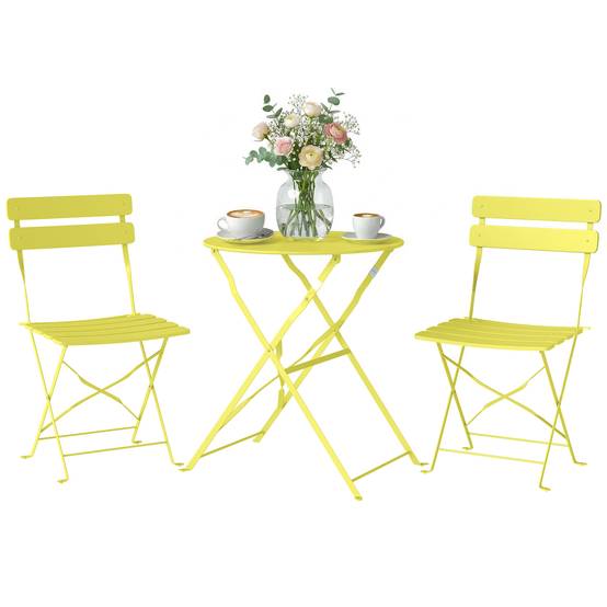 Sans Marque - Ensemble Bistrot Jardin 3 Pièces Table 2 Chaises Pliantes Lattes Double Protection Antirouille Jaune - Image 1