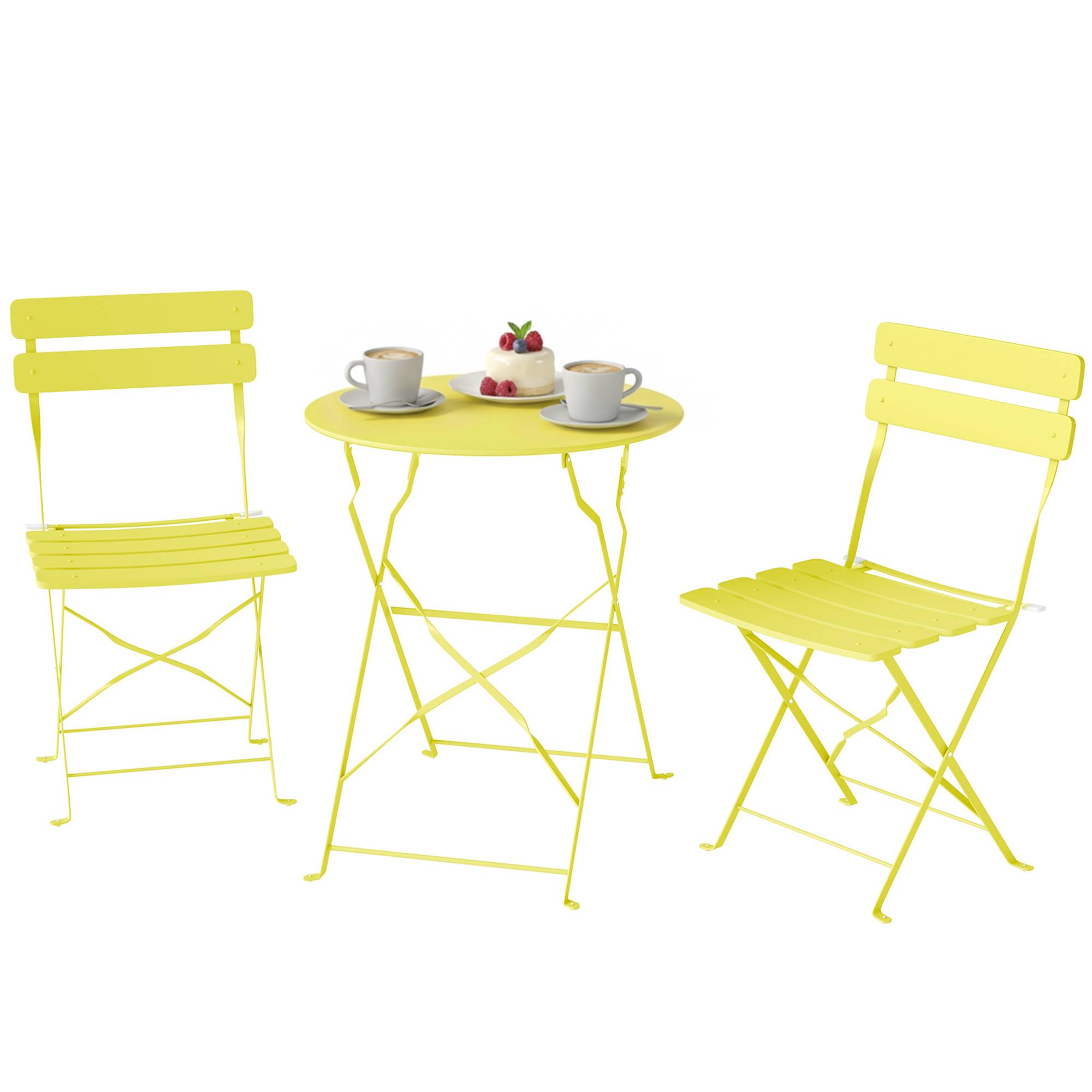 Sans Marque - Ensemble Bistrot Jardin 3 Pièces Table 2 Chaises Pliantes Lattes Double Protection Antirouille Jaune - Image 2